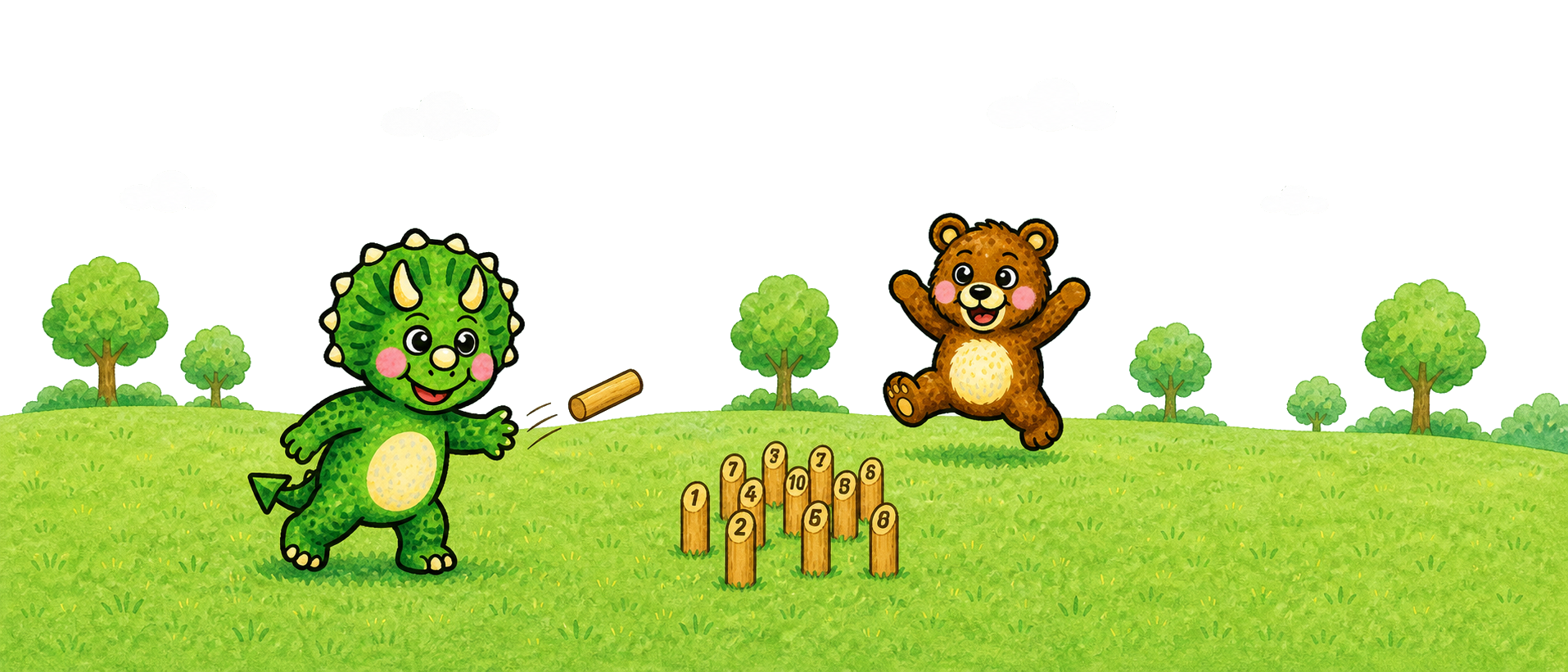 芝生の上でモルックを楽しむMolkkynistのキャラクター